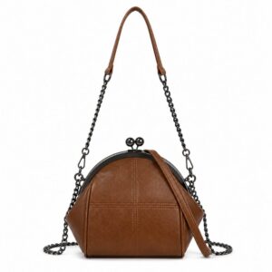 Luna Kiss Lock Crossbody Bag – Brown Leather Chain Shoulder Purse